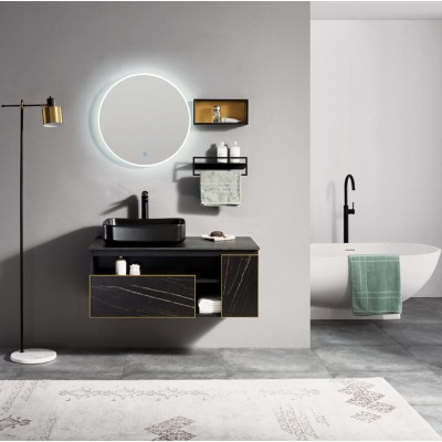 Modern Sink With Waterproof Bathroom Cabinet In Black Vanity Mirror With Led Lights